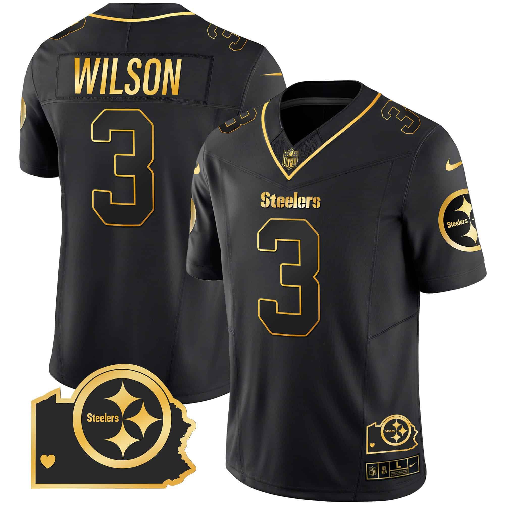 Men Pittsburgh Steelers #3 Wilson Black Gold 2024 Nike Home Patch Vapor Limited NFL Jersey style 2